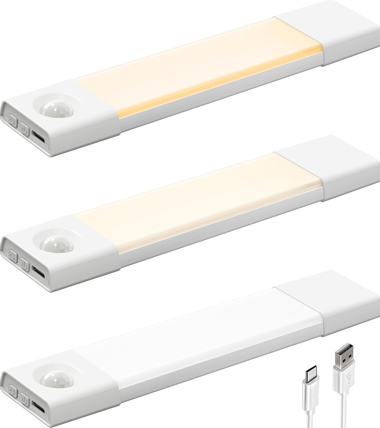 Cabinet Lighting 20 cm x 3 Pieces, 30 LED Cabinet Light LED with Motion Sensor, Under-Unit Light Kitchen LED with 3 Colour Temperatures, Dimmable, Rechargeable for Wardrobe, Kitchen, Stairs