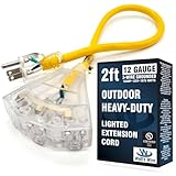 2-ft 12/3 Heavy Duty 3-Outlet Lighted SJTW Indoor/Outdoor Extension Cord by Watt's Wire - Short Yellow 2' 12-Gauge Grounded 15-Amp Three-Prong Power-Cord (2 foot 12-Awg)