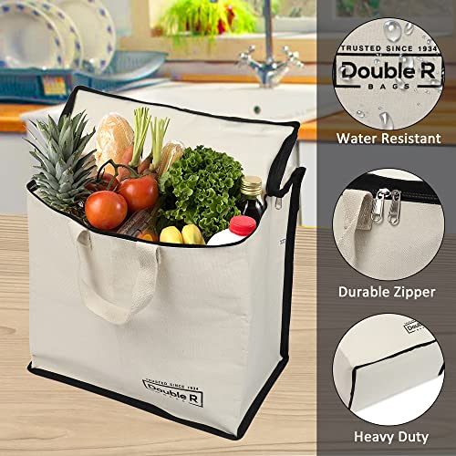 Image of DOUBLE R BAGS Multipurpose Clothes & Grocery Storage Organizer with Reinforced Cotton Handles, Zip Cover & 1 Compartment - Heavy Duty Canvas Bags (Black, 43x27.9x43 cm, Pack of 2)