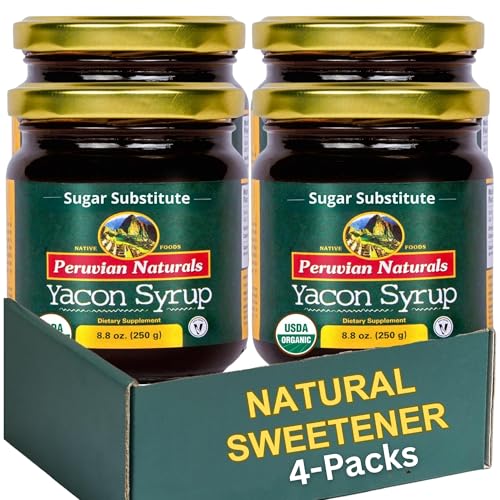 Organic Yacon Syrup 2.2lb (Four Jars of 250g = 1kg) - Peruvian Naturals - All-Natural Sweetener from Yacon Root, Low-Calorie Substitute for Sugar, Agave, Honey, Molasses, Maple or Corn Syrup