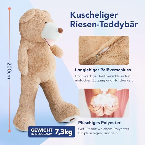 MKS XXL Teddybär 200cm – Weiches Riesen Kuscheltier für Kinder & Erwachsene – Flauschiger XXL Plüschtier Bär Geburtstag, Valentinstag & Weihnachten – Kuschelig & pflegeleicht