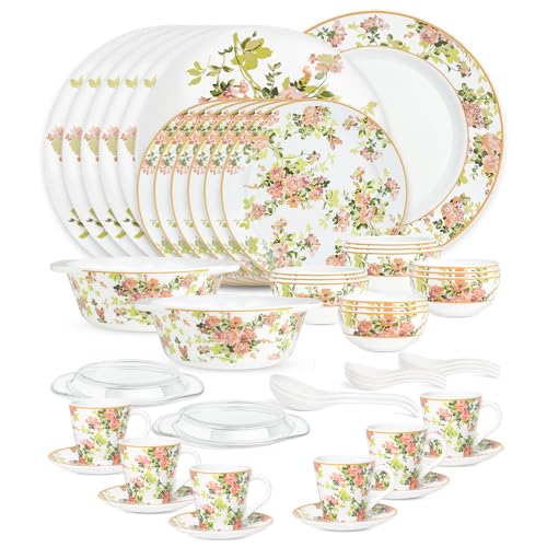 Image of Larah by Borosil 49pc Opalware Amora Dinner Set for Family of 6 | Microwave & Dishwasher Safe Crockery Set for Dining & Gifting | Plates & Bowls