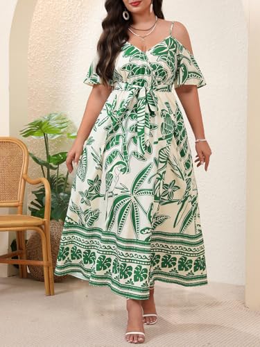 Image of Floerns Women's Plus Size Cold Shoulder Short Sleeve Split Thigh Long Dress
