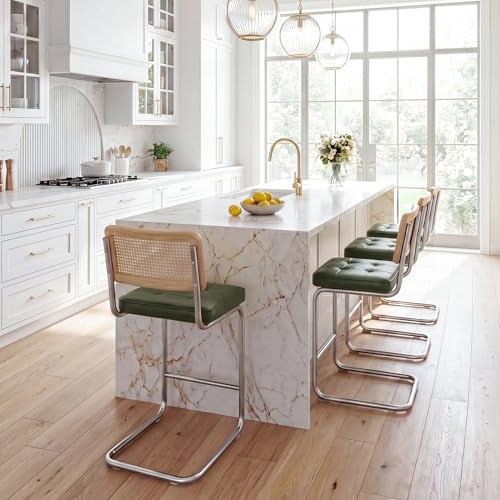 Image of Zesthouse Rattan Counter Stools Set of 3, 26 inch Mid Century Modern Bar Stools with Natural Cane Mesh & Chrome Base, Green Faux Leather Counter Height Barstools, Boho Island Chairs for Kitchen Counter
