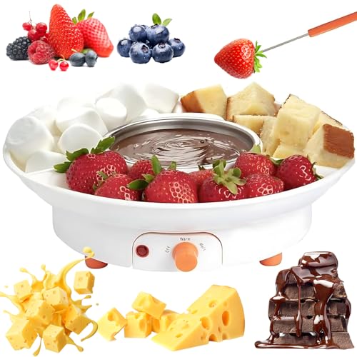 Juegos de Fondue de Queso, Olla de Chocolate con 2 Tenedores para Fondue, Fondue de Chocolate eléctrica de 260 ml para tostar malvaviscos (White)