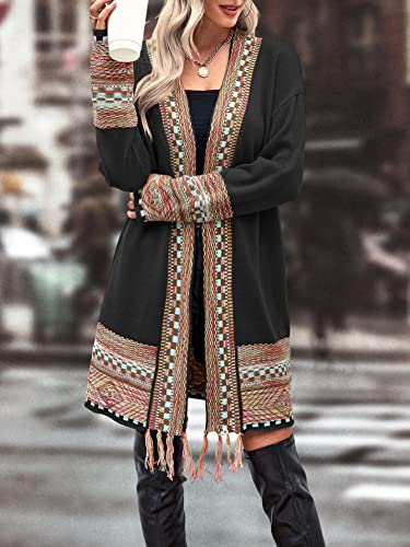 Makemechic Women's Boho Geo Pattern Long Sleeve Open Front Fringe Tassel Cardigan Sweater Black S #TOP5