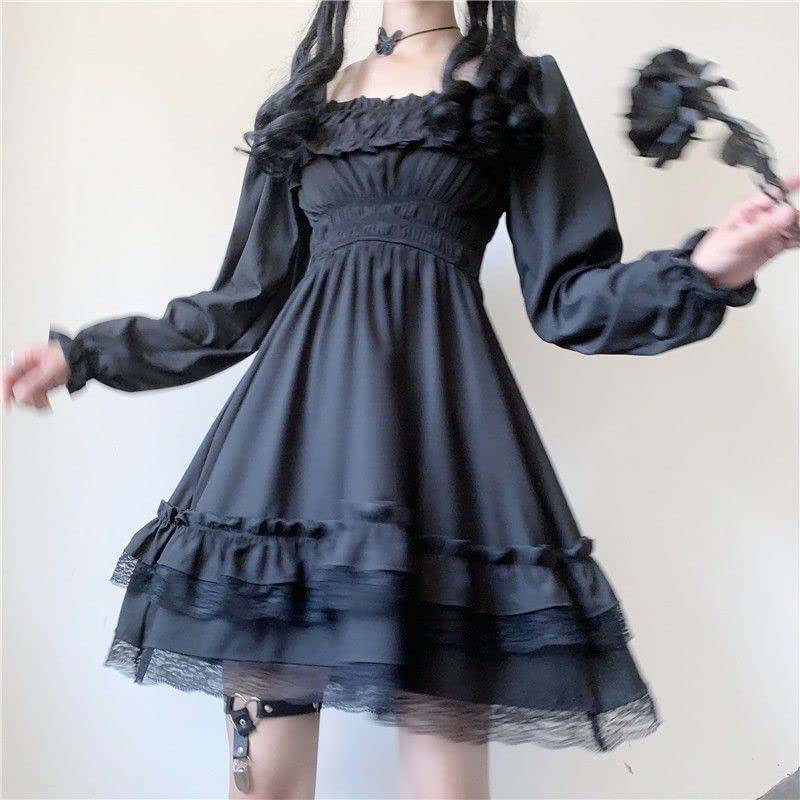 Robe Harajuku gothique à col carré en dentelle à volants - Robe Lolita noire Y2k - Robe de fête à manches longues