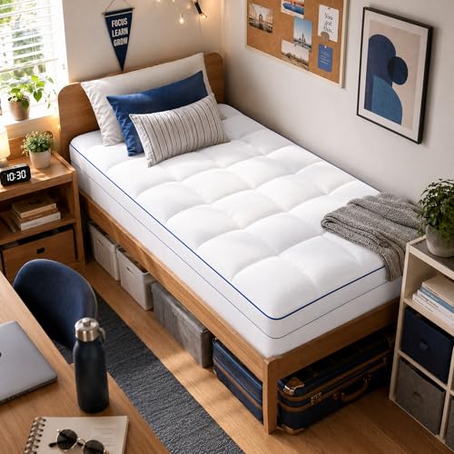 Twin XL Mattress Topper 4 Inch Dual Layer Memory Foam Topper Cooling Gel Foam & Plush Pillow Top Pressure Relief Enhanced Support College Dorm Essential