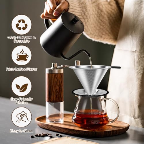 Image of Large Size Pour Over Coffee Dripper, Stainless Steel Coffee Filter, Paperless Reusable Coffee Filter, Double Micromesh 600 Mesh Strainer Coffee Maker with Heat-Resistant Silicone Handle & Base
