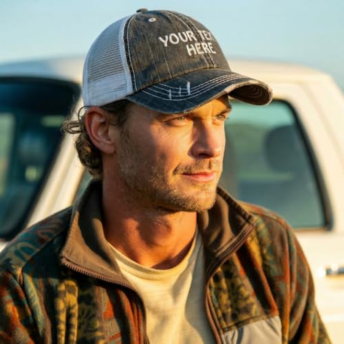 Image of Distressed Cap Trucker Hat Custom Personalized Text Word Name Dad Hats for Men