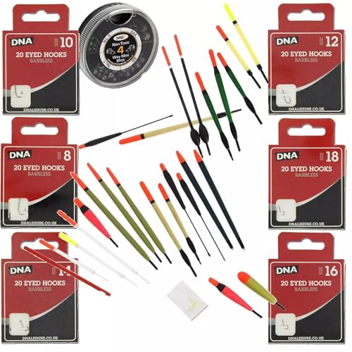 24pc Assorted Float Set with Rubbers, Disgorgers, 120 Eyed Hooks Sharp Barbless Size: 8, 10, 12, 14, 16,18 & Non-Toxic Weight Split Shot Carp Coarse Fishing Tackle Kit