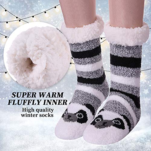 LANLEO Womens Cute Cartoon Animal Fuzzy Slipper Socks Winter Soft Warm Fleece Lining Knit Home Socks With Grippers (Panda) - Thumbnail 4