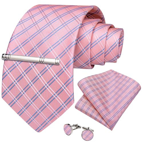 Image of DiBanGu Plaid Ties for Men Silk Checkered Necktie and Pocket Square Cufflinks Tie Clip Set with Gift Box for Wedding Business