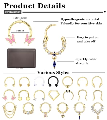 BESTEEL 20Pcs Gold Septum Rings 16G Small Septum Jewelry Surgical Steel Septum Clicker Dangle Nose Rings Hoops for Women Men Cute Star Bee CZ Heart Butterfly Chain Septum Rings Septum Piercing Jewelry2