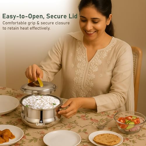 Image of Unify Lumia Stainless Steel Insulated Casserole Hot Pot 1600ML | 3 Layer Thermal Body with PUF Coating | Mirror Finish Inner & Outer Steel | Keeps Food Hot & Fresh for Hours | Premium Serveware