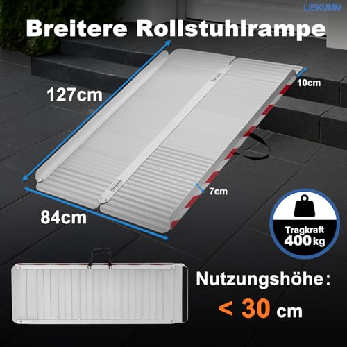 LIEKUMM Rollstuhlrampe 127 cm, 85 cm Verbreitert Rollstuhlrampe für Treppen, 400 kg Tragkraft Aluminium Rampe für Rollstuhl, Stufen, Bordsteine, Schwellenrampe für Elektro-Rollstuhl, Kinderwagen
