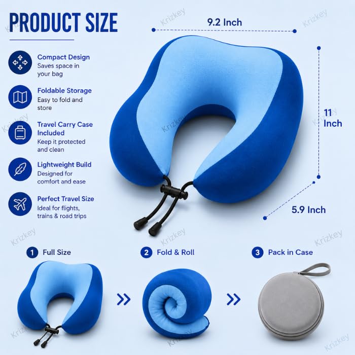 Image of Memory Foam Travel Neck Pillow with Portable Storage Case | Soft U-Shaped Neck Support Cushion for Airplane, Car, Train & Office | Lightweight Ergonomic Travel Pillow (Blue)