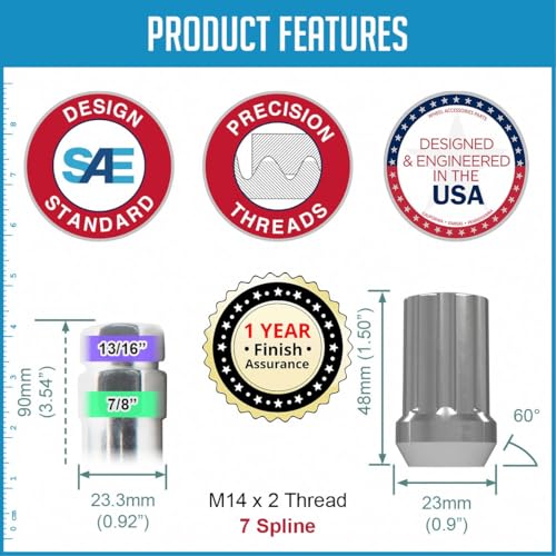 Image of Wheel Accessories Parts 20 Pcs M14 x 2 14 x 2 Thread Short Truck 1.50 inch Long Spline Lug Nuts Chrome 7 Spline Hex Fits 2000-03 Ford F-150 2000-02 Expedition Lincoln Navigator
