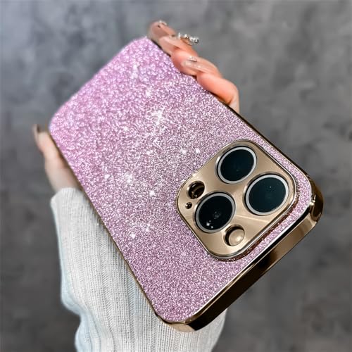 Coque luxe iPhone 14 Pro souple premium. Paillettes dorées, finition silicone rose antichoc.