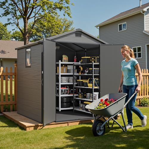 Image of Greesum 6x6FT Plastic Outdoor Storage Shed with Floor, Dark Gray | Resin Sheds with Lockable Double Doors, All-Weather Tool Sheds with Window & Multiple Vents for Garden, Yard, Patio