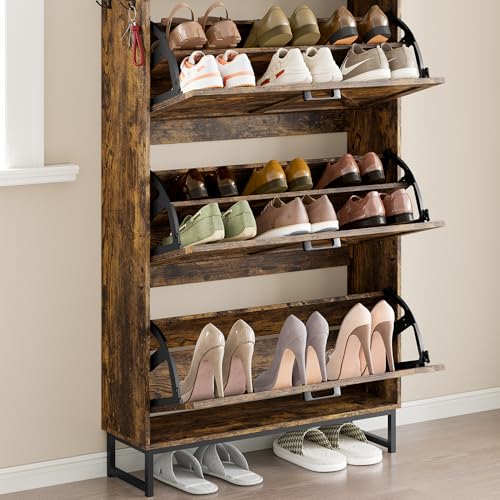 Image of BORNOON Shoe Cabinet with 3 Flip Drawers Narrow Shoe Storage Cabinet Organizer Wooden Freestanding Shoe Rack Hidden Slim Shoes Storage Cabinet for Entryway, Hallway, Living Room, Bedroom