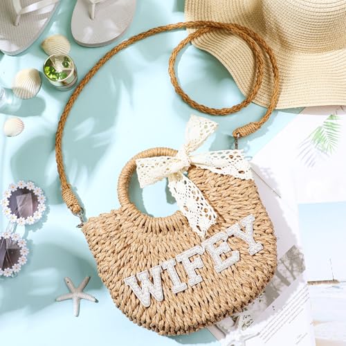 Image of Pinkunn Bride Gift Bride Straw Purse Mrs Handwoven Bag Rhinestone Letter Bag Bachelorette Honeymoon Wedding Bridal Shower