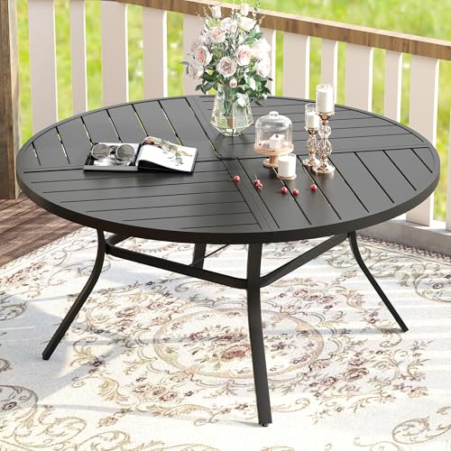 Image of VICLLAX Round Patio Table with Adjustable Umbrella Hole for 8, All Weather Metal Outdoor Dining Table for Lawn Garden, 59.8 inch Outdoor Coffee Table, Black Tabletop