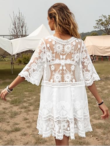 Image of Eomenie Women's Contrast Lace Bathing Suit Cover Up V-Neck Swimsuit Coverups Loose Swimwear Beach Dress Beachwear