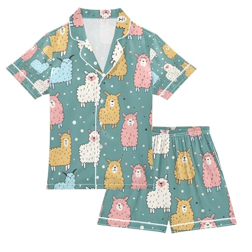 senya Colorful Cute Alpacas A Satin Summer Pajama Sets Silk Short Sleeve Button Down Sleepwear