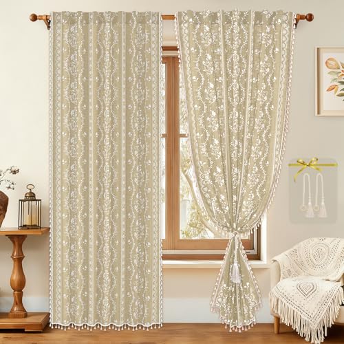 Image of Yinhua Boho Curtains for Living Room 84 Inch Length Vintage Linen Natural Curtains for Bedroom Light Filtering Floral Window Curtain Rod Pocket & Back Tabs Farmhouse Rustic Tassel Drapes with Tiebacks