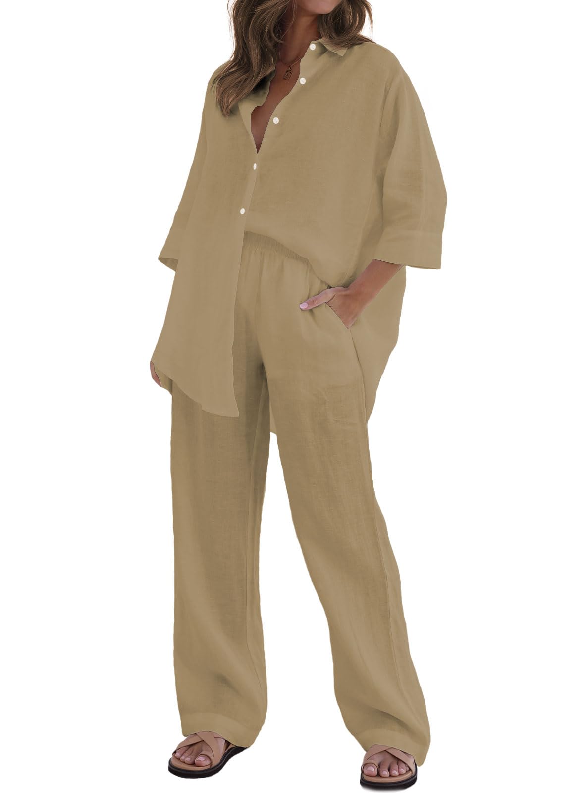 RAISECOM Women's 2 Piece Outfits Sets Button Down Half Sleeve Shirts and Long Pants Summer Casual Vacation Loungewear