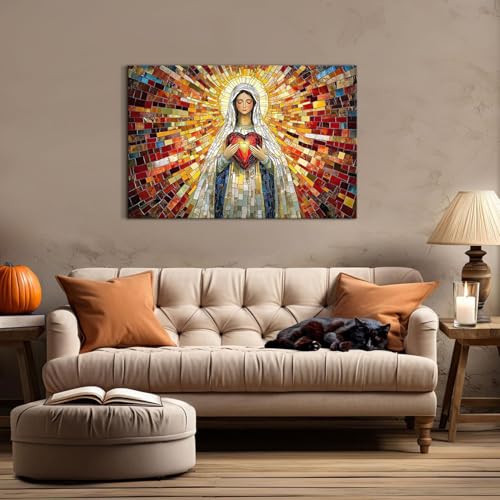Image of Retro Christian Canvas Wall Art Jesus Virgin Mary Paintings Wall Decor for Living Room Church Decorations 24x36 inch Colorful Our Lady Holding Sacred Heart Aesthetics Posters Large Artwork Ready To Hang