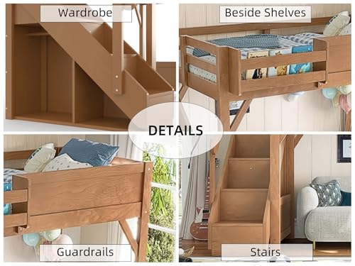 Image of KEIKI Solid Wood Full Size Loft Bed Frame with Stairs Built-in Wardrobe | Full Size Loft Bed with Storage Shelves, Full-length Guardrails, No Box Spring Needed for Bedroom, Dorm, Antique Natural