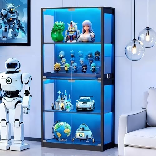 Glasvitrine Mit Led Beleuchtung,Vitrine Mit Beleuchtung,Vitrinenschrank Wohnzimmer Mit Intelligente Sensorik, 4-Lagen Glasvitrine Staubdicht, Vitrine Schwarz FüR Wohnzimmer Schlafzimmer BüRo