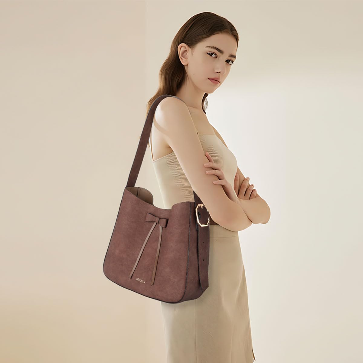 ICOLRAE Womens Tote Bag With Bowknot Decoration For Women Faux Leather Shoulder Bag Work Large Casual Handbag