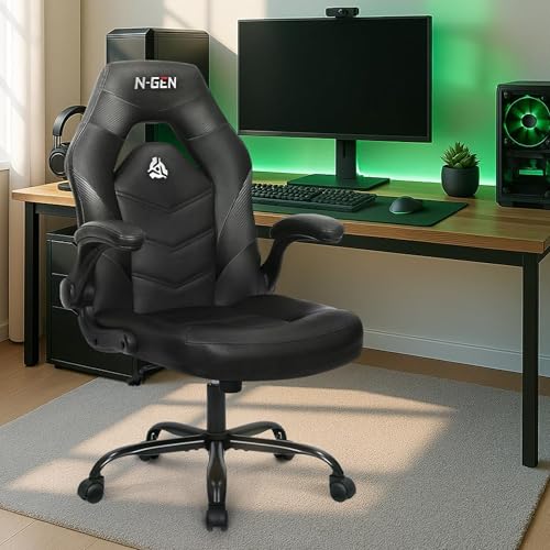N-GEN GAMING Video Gaming Chair Ergonomic Office Desk Chair with Lumbar Support Adjustable Height Padded Flip Up Arms and Swivel Wheels Racing Style Design for Adults with PU Leather (Black) by N-GEN GAMING - Image 7