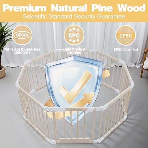 Image of Foldable Wooden Playpen for Babies and Toddlers, Baby Play Pen with Gate, Portable Baby Fence Indoor Activity Center, Adjustable Size & Shape, 51 inchx 51 inch, 8 Panels