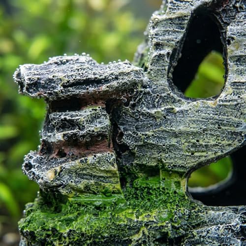 Image of Resin Aquarium Mountain Decor with Moss Rock Cave - Multi-Level Terrain for Fish Tank Landscaping, Natural-Looking Rockery Design with Hidden Cave and Crevices for Shrimp, Reptile Habitat Aquascaping