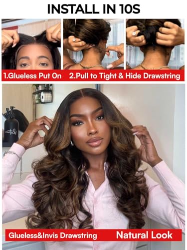 Image of Beauty Forever Bye Bye Knots No Slip Wig Balayage Brown 7x5 Lace Front Wig Human Hair Glueless Drawstring Wigs Loose Wave Face Framing Layers Curtain Bangs Pre Plucked Pre Cut 150% Density 20inch