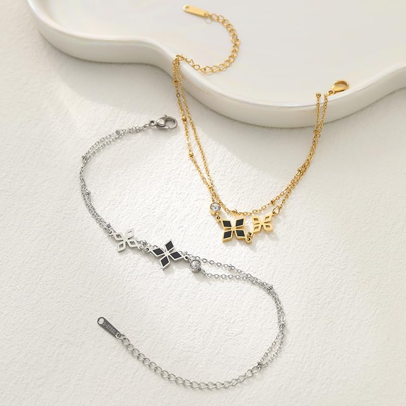 Bracelet trèfle anti-ternissement réglable acier double rangée - 2