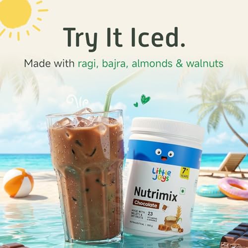 Image of Little Joys Chocolate Nutrimix 7+ (350g) | 7-12 Years | Naturally Sweetened with Dates & Jaggery | With 23 Essential Vitamins & Minerals | 9g Protein per Serving | Supports Overall Health & Development | With Ragi, Bajra, Almonds & Oats | Chocolate Flavour Nutrition Drink Powder