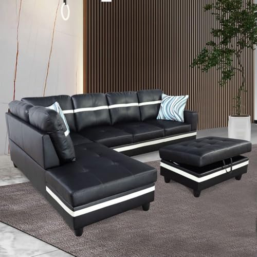 Image of L-Shaped 3-Piece Semi PU Synthetic Leather Sofa with Storage Ottoman Set, Sectional Couch Sofa Set for Living Room, Office, Small Space, Black and White