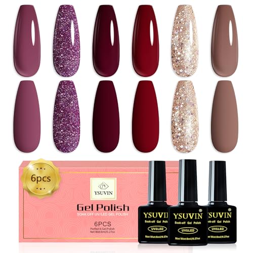 YSUVIN Semipermanente Unghie, 6 Colori Rosso Scuro Bordeaux Marrone Glitter Champagne Oro Brillante Viola Autunno Inverno Smalto Semipermanente Soak Off UV/LED DIY Nail Art Salone, 8 ML