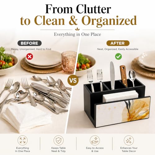 Image of Wooden Cutlery Holder I Countertop Organizer - Spoon Fork Knife Napkin Tissue Paper I Desk Supplies Pencil Pen Stationery Stand I Home & Kitchen I Size 7X 5 X 4, Autumn Black