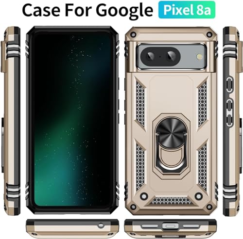 Image of REALCASE Google Pixel 8A Back Cover Case | Heavy Duty PC Hybrid Shock Proof Armor Defender Ring Holder Back Cover Case for Google Pixel 8A 5G (Gold)