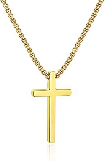 M MOOHAM Cross Necklace for Men Teen Boys, Silver Black Gold Stainless Steel Plain Cross Pendant Necklace Box Chain 16-30 Inch