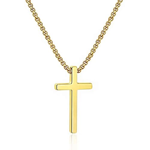 M MOOHAM Cross Necklace for Men, Silver Black Gold Stainless Steel Plain Cross Pendant Necklace for Men Box Chain 16-30 Inch