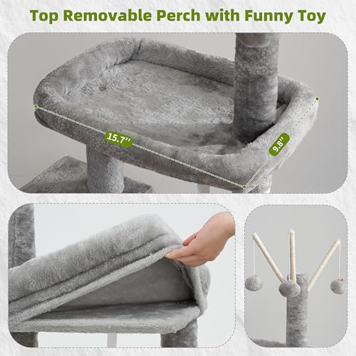 Image of Gitelsnour Cat Tree Tower for Indoor Cats, Top Platform with Toy, GCT006SW | 49.2 inch Cat Condo House, Sturdy Base, Scratching Post & Board, 3 Balls, Hanging Basket, Small Cats and Kittens, Light Gray
