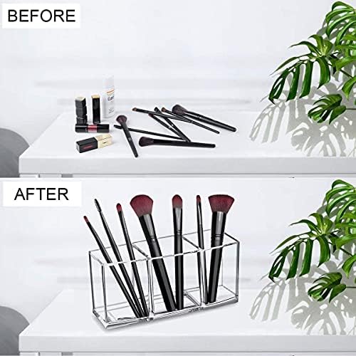 ELUCHANG Clear Makeup Brush Holder Organizer, 3 Slot Acrylic Cosmetic Brushes Storage Make Up Organiser Eyeliners Eyebrow Pencil Holder for Bedroom Bathroom Vanity Tabletop