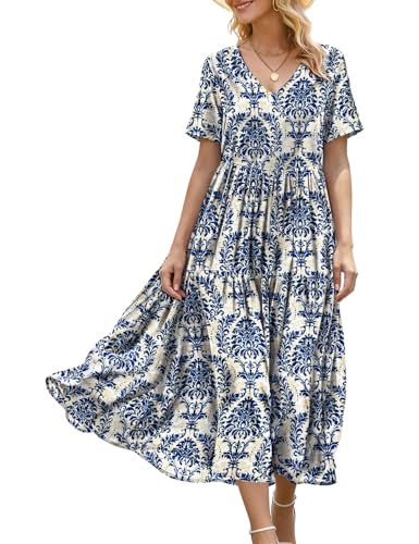 YESNO Women's Summer Maxi Dresses Casual Floral Short Sleeve V Neck Boho Beach Vacation Swing Dress...